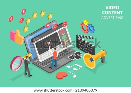 3D Isometric Flat  Conceptual Illustration of Video Conent Advertising, Online Promotion and Marketing Campaign