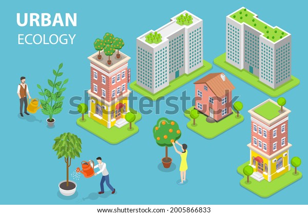 3D Isometric Flat Conceptual Illustration\
of Urban Ecology, Eco Friendly\
City