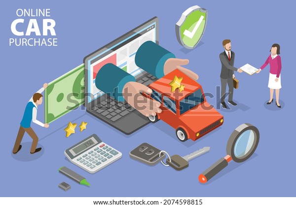 3D Isometric Flat \
Conceptual Illustration of Online Car Purchase, Automobile Rental\
Digital Service