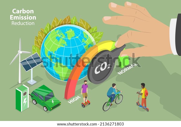 3D Isometric\
Flat  Conceptual Illustration of Reducing Carbon Emissions, Carbon\
Dioxide Emissions\
Decrease