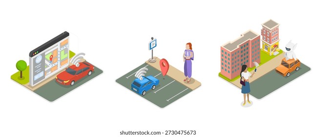 3D Isometric Flat  Illustration of Autonomous Vehicle, Set Of Abstract Concept Vector Illustrations Of Autonomous Vehicles.