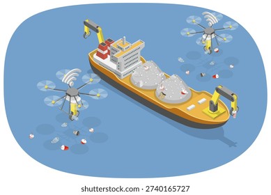 3D Isometric Flat Illustration of Autonomous Technology For Litter Collection, Ceaning Sea or Ocean
