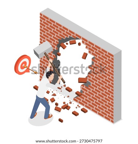 3D Isometric Flat  Illustration of Breakthrough to Goal, Ambitious Young Businessman Smashing Wall To Achieve Business Success