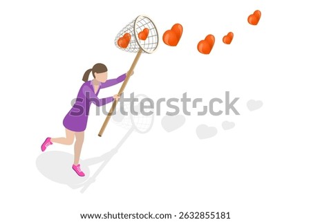 3D Isometric Flat  Illustration of Chasing For Love, In Search Of Love And Romance Ideals