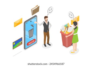 3D Isometric Flat  Illustration of Cleaning Mobile Phone, Message Trash