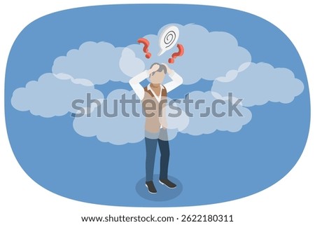 3D Isometric Flat  Illustration of Clouded Mind, Depressed Young Man with Cloudy Thoughts
