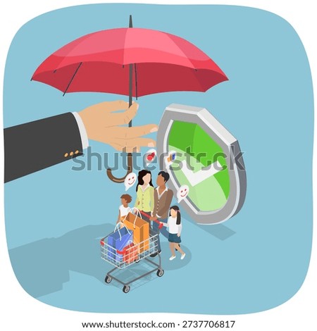 3D Isometric Flat  Illustration of Consumer Protection, Young Family Shopping Together With Umbrella