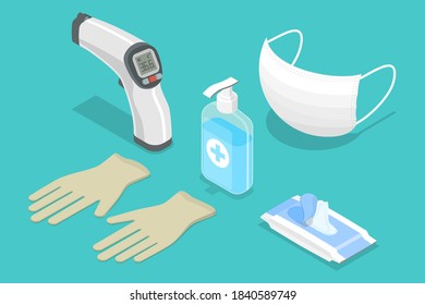 3D Isometric Flat Illustration Covid 19 Minimal Protective Package, Medical Gloves And Mask, Hand Sanitizer, Wet Wipes, PPE - Personal Protective Equipment.