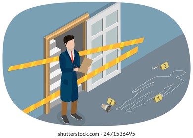 3D Isometric Flat  Illustration of Crime Scene, Police Inspector or Private Detective Taking Notes