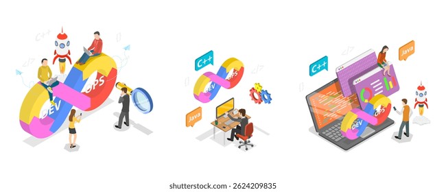 3D Isometric Flat  Illustration of DevOps, Streamlineing Development And Operations Processes