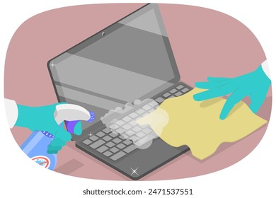 3D Isometric Flat  Illustration of Disinfection Of A Computer, Home Hygiene