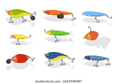 3D Isometric Flat  Illustration of Fishing Bait Collection, Fisherman Tackle and Artificial Fishes