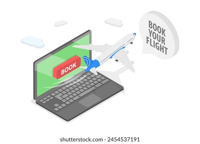 3D Isometric Flat  Illustration of Flight Tickets Online Booking Service, Airline Traveling