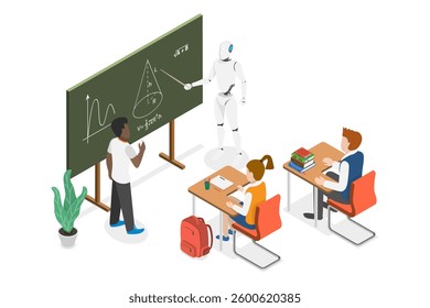 3D Isometric Flat  Illustration of Future Education, Collaborative Learning with Robot Teacher and Students in a Classroom