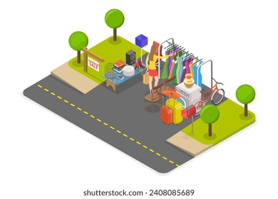 3D Isometric Flat  Illustration of Garage Sale, Flea Market Items