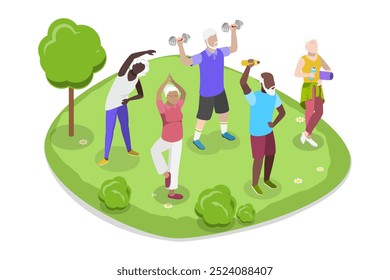 3D Isometric Flat  Illustration of Group of Active Seniors, Yoga of Fitness for Eldery People - Powered by Shutterstock