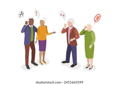3D Isometric Flat  Illustration of Hearing Disease, Senior Characters with Disability