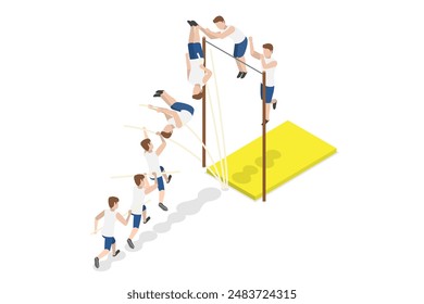 3D Isometric Flat  Illustration of Jumping With Pole, Athlete Doing High Jump