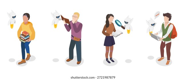3D Isometric Flat  Illustration of Learning and AI Technologies, Artificial Intelligence in School Education