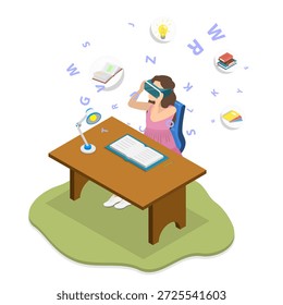 3D Isometric Flat  Illustration of Learning With Virtual Reality, Students Astonished by VR Headset Experience