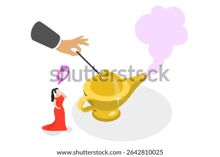 3D Isometric Flat  Illustration of Magic Lamp, Dreaming and Goal Visualization