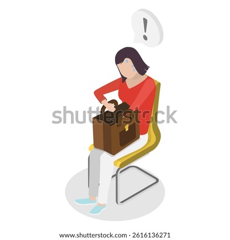 3D Isometric Flat  Illustration of Missing Something In Bag, Woman Rummaging Through her Handbag in Confusion