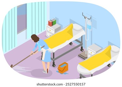 3D Isometric Flat  Illustration of Mopping Hospital Floor, Cleaning Service - Powered by Shutterstock