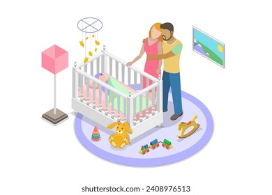 3D Isometric Flat  Illustration of Nursery Room, Sleeping Newborn Baby - Powered by Shutterstock