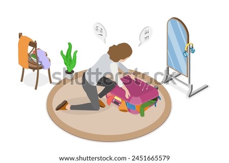 3D Isometric Flat  Illustration of Packing Clothes Into Luggage, Packed Baggage