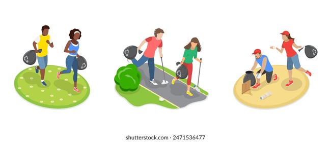 3D Isometric Flat  Illustration of Plogging Challenge, Volunteers at Eco Activity - Powered by Shutterstock