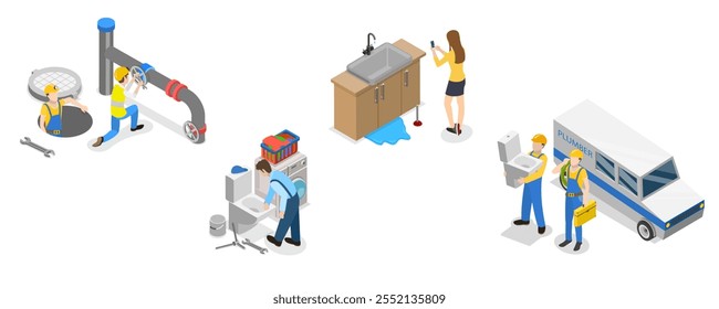 3D Isometric Flat  Illustration of Plumbers, Pipeline Repair, Clogged Toilet, Sewer Cleaning - Powered by Shutterstock