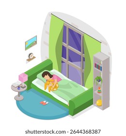 3D Isometric Flat  Illustration of Preparing to Sleep, Young Boy Getting Ready For Bedtime In His Bedroom.