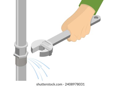 3D Isometric Flat  Illustration of Professional Plumber, Fixing Leak of Water Pipe - Powered by Shutterstock