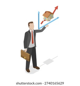 3D Isometric Flat Illustration of Real Estate Price Growth, Propery Investment or Home Refinancing