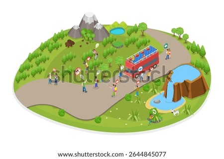 3D Isometric Flat  Illustration of School Field Trip, Student Excursion Scene