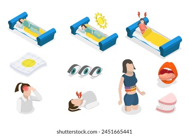 3D Isometric Flat  Illustration of Sleep Disorders, Sleeplessness or Insomnia - Powered by Shutterstock