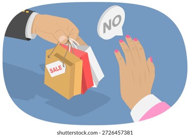 3D Isometric Flat  Illustration of Stop Shopping Banner, Hand Rejecting Shopping Bags With Sale Products
