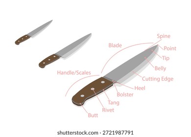 3D Isometric Flat  Illustration of Structure Of Knife, Labeled Outline