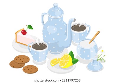 3D Isometric Flat  Illustration of Tea Time, Hot Drink, Desserts, And Cookies.
