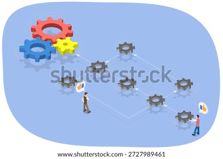 3D Isometric Flat  Illustration of Technology Optimization, Workflow Automation With Flowchart, Business People Organizing Processing Management Using Gears