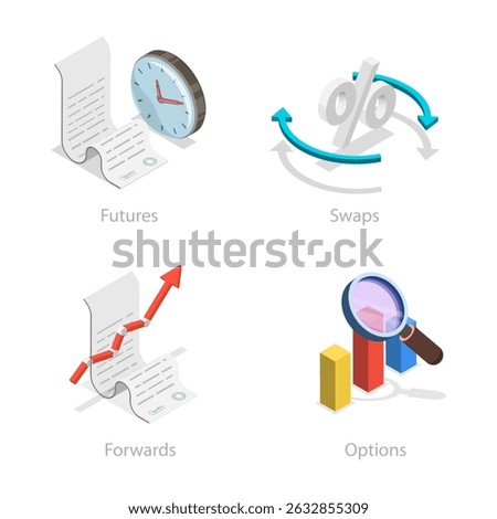 3D Isometric Flat  Illustration of Types Of Derivatives, Financial Investments