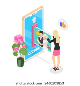 3D Isometric Flat  Illustration of Uploading A Photo On A Smartphone., Cloud File Transfering and Storing Service