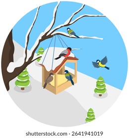 3D Isometric Flat  Illustration of Winter Landscape, Feeding Birds At The Feeder