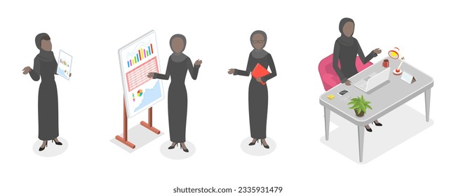 3D Isometric Flat  Set of Arab Business Woman, Muslim Girl in Hijab