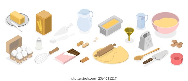 3D Isometric Flat  Set of Baking Items, Ingredients, Utensils and Tools