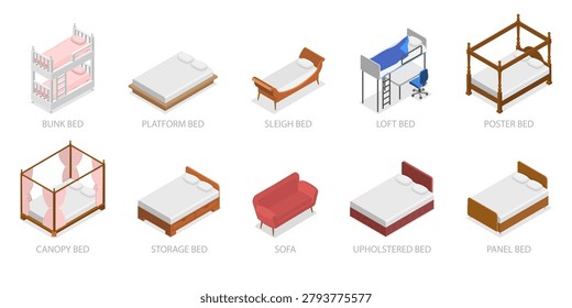 3D Isometric Flat  Set of Beds, Visual Guide To Various Bed Types