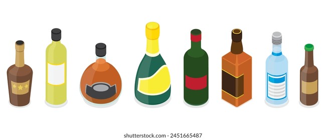 3D Isometric Flat  Set of Bottles with Alcohol Drinks, Cocktail Beverages