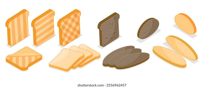 3D Isometric Flat  Set of Breakfast Toasted Bread, Baked Bread Products