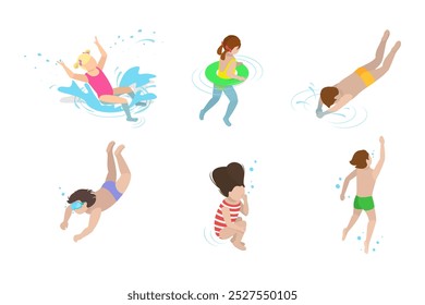 3D Isometric Flat  Set of Children Snorkeling, Kids Swimming Lessons - Powered by Shutterstock