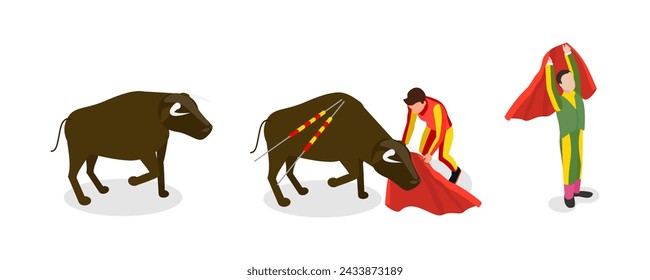 3D Isometric Flat  Set of Corrida Elements, Public Traditional Performance in Spain